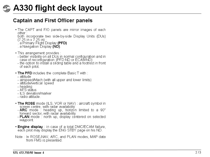 A330 flight deck layout 2.13 Captain and First Officer panels The CAPT and F/O